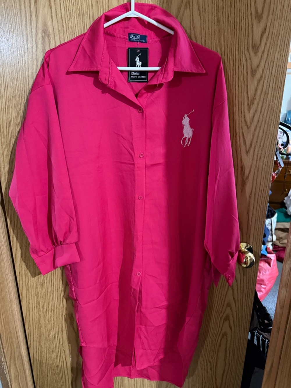 Ralph Lauren Men's Hot Pink Long Button-Down Shirt with Polo Logo